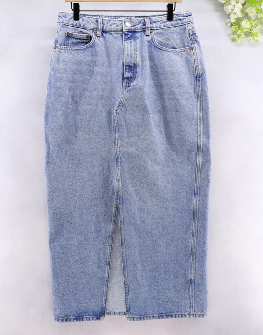 MNG Denim Maxi Skirt Sz L High Rise Western Distressed Wash Blue